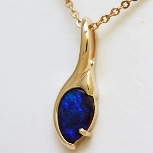 14k Yellow Gold Pendant with a SOLID BLACK OPAL Elegant royal blue
